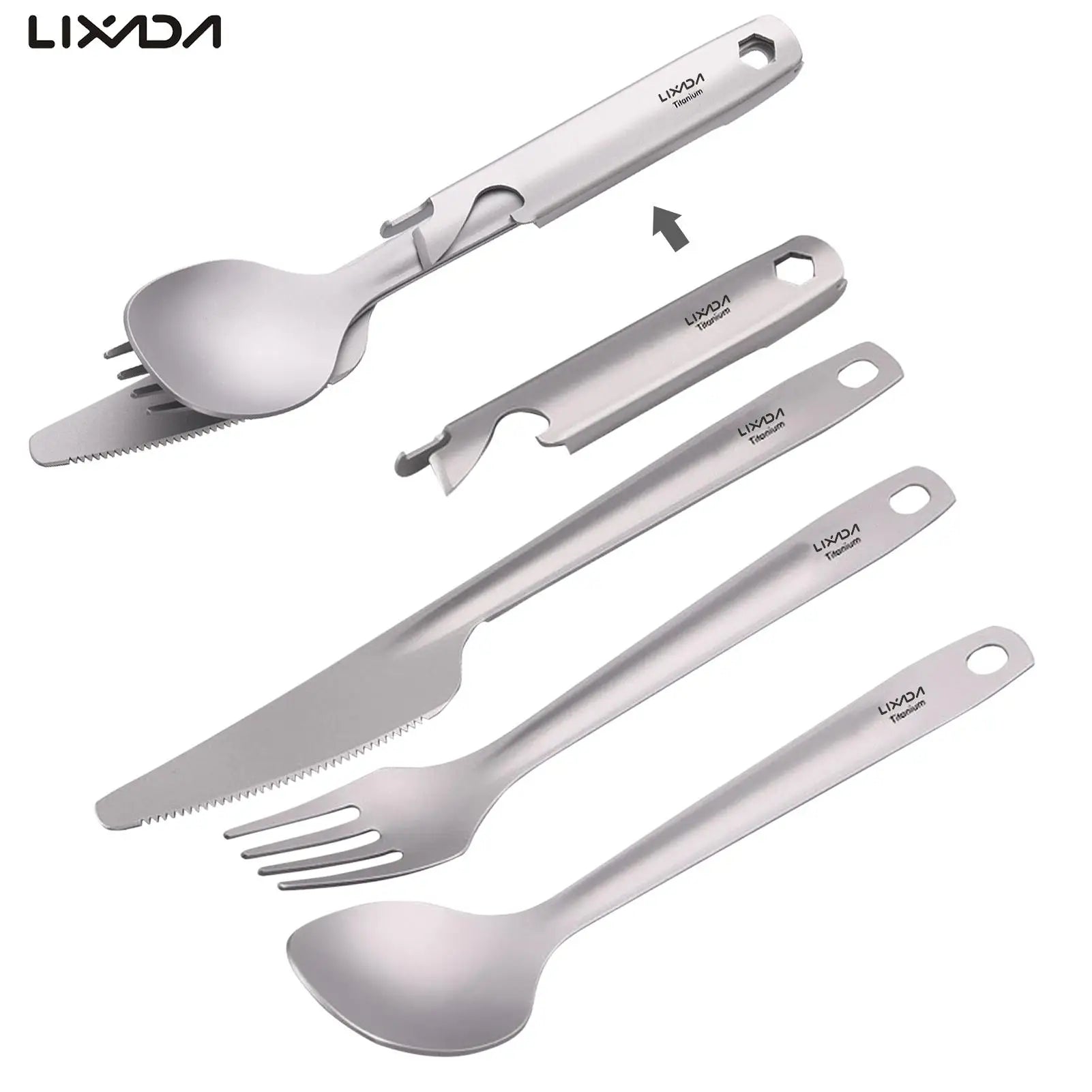 Lixada Titanium Flatware Cutlery Set Dinner Camping Spoon Fork Cutter Holder Bottle Opener for Camping Hiking Backpacking Picnic