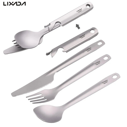 Lixada Titanium Flatware Cutlery Set Dinner Camping Spoon Fork Cutter Holder Bottle Opener for Camping Hiking Backpacking Picnic